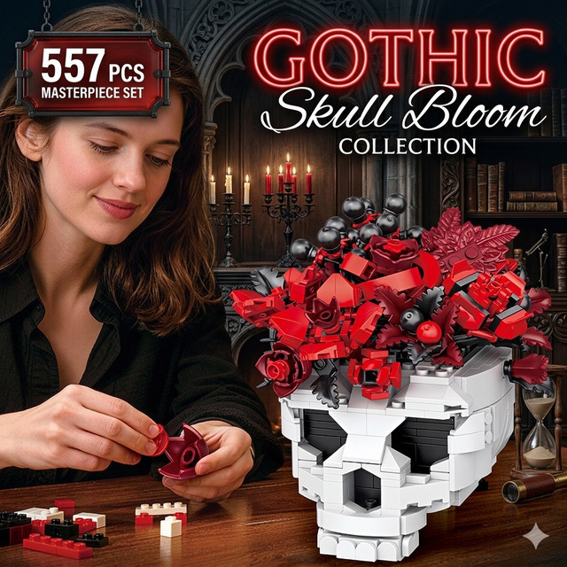 Gotischer Totenkopf-Blumen-Bausatz, 557 Teile, DIY Horror-Rosenstrauß - Bild 1