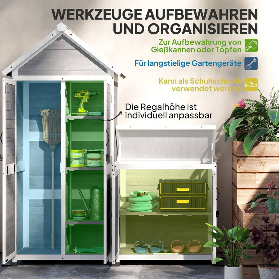 Outsunny 2 in 1 Gartenschrank aus Holz mit Satteldach und Ablage, wetterfester Geräteschuppen in Hellgrau, B/T/H: 89 x 51 x 182 cm - Bild 4