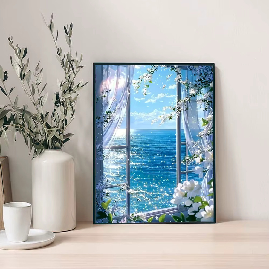 Huacan DIY Diamond Painting Set Meereslandschaft mit Blumenmotiv in Blau - Bild 3