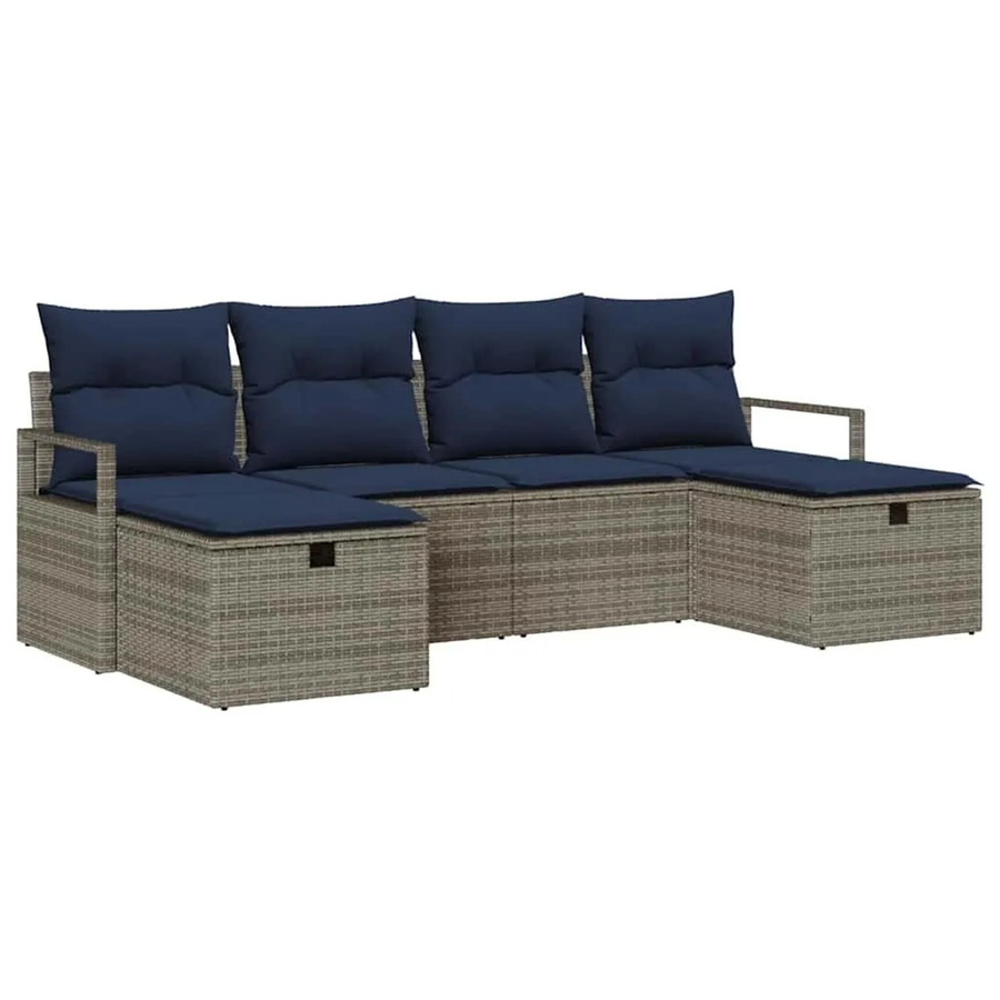 vidaXL Gartenmöbel Set aus Poly-Rattan in 6-teiliger L-Form mit Kissen, Grau und Marineblau - Bild 2