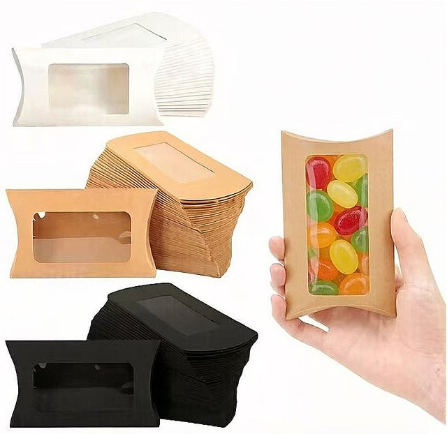 50 Stück Kraftpapier-Kissenboxen in Braun mit transparentem Fenster für Süßigkeiten, Schokolade oder Geschenke - Bild 1