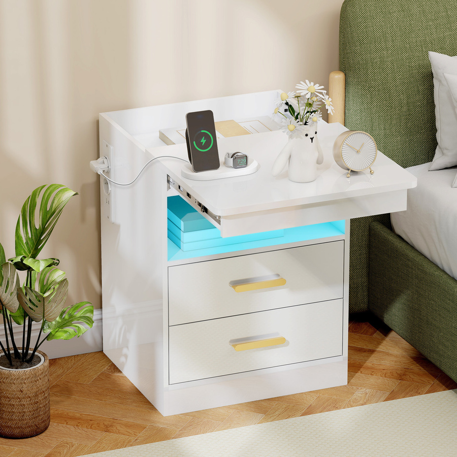 HOMCOM Moderner Nachttisch in Weiß Hochglanz mit Ladestation, RGB-LED-Beleuchtung, 2 Schubladen und offenem Regal für dein Schlafzimmer - Bild 2