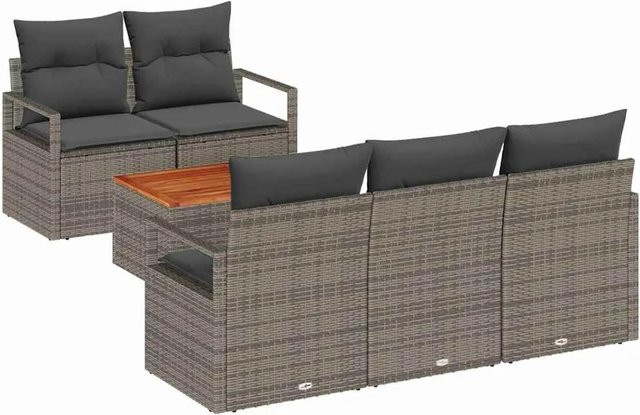 vidaXL Garten-Sofa-Set 6-teilig in Grau mit Polstern, PE-Rattan und pulverbeschichtetem Stahl sowie Akazienholz - Bild 1