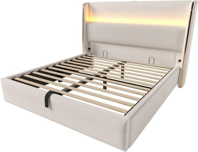 okwish Hydraulisches Bett mit Matratze und USB-C Anschlüssen in Beige, B/T/H: 160 x 200 x 121 cm - Bild 1