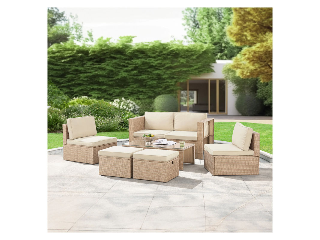 Juskys Polyrattan Gartenmöbel Set Salou Outdoor Lounge für 6 Personen in Beige/Sand mit Kaffeetisch und Polsterkissen - Bild 2