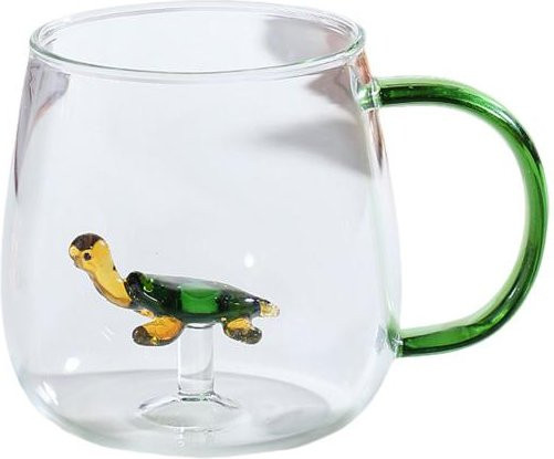 Handgefertigtes Trinkglas von Jiangjunxi mit Tier-Pflanzenform und buntem Henkel in Tortoise-Optik, transparent - Bild 1