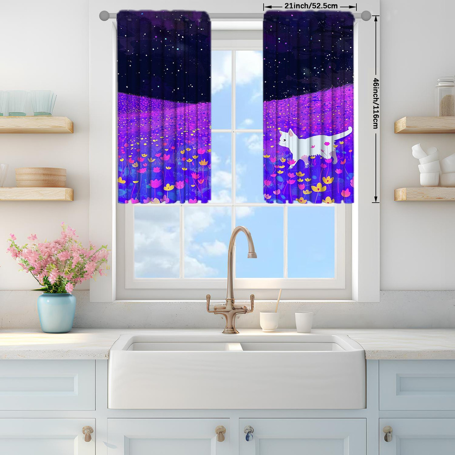 2er-Set halbtransparente Vorhänge mit Katzen- und Blumenmuster in Lila, moderne Fensterdekoration mit Stangentasche, Breite: 52,5 cm, Höhe: 116 cm - Bild 2