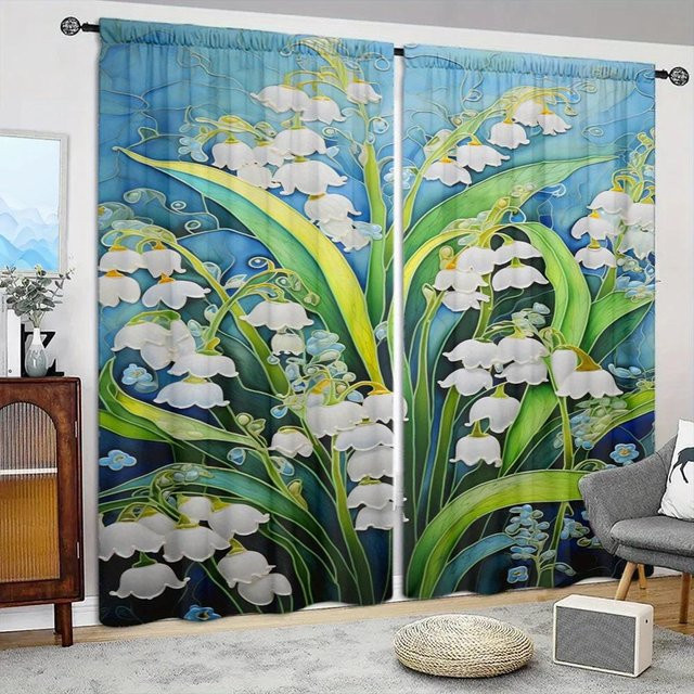 2er-Set Maiglöckchen Druckvorhang mit floralem Muster, halbtransparent, Polyester, B: 75 cm, H: 165 cm - Bild 1