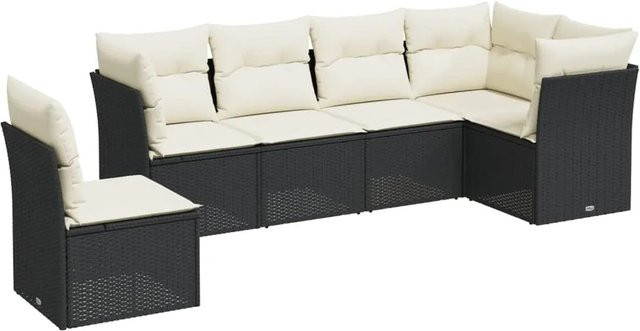 vidaXL 6-tlg Garten-Sofagarnitur in L-Form aus Poly-Rattan und pulverbeschichtetem Stahl mit Kissen in Schwarz und Cremeweiß - Bild 1