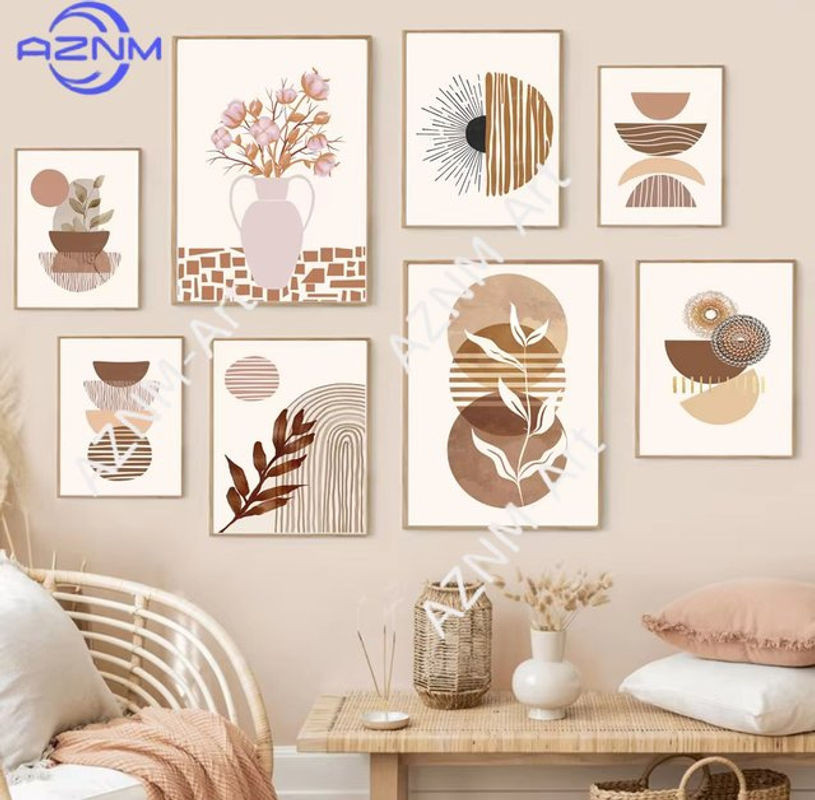 AZNM Boho Wandbild mit floralem Blumenmuster, abstraktes Leinwandgemälde in Beige, rechteckiges Wanddekor im Hochformat - Bild 1