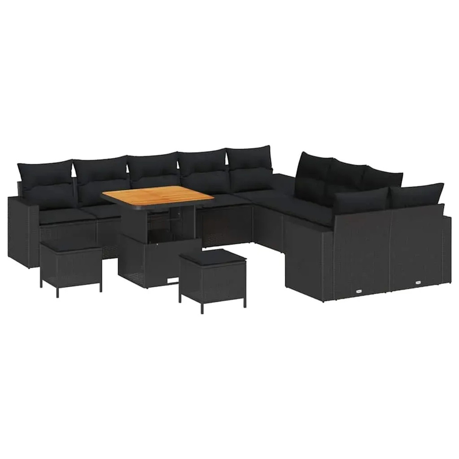 vidaXL Garten-Sofa-Set 13-teilig in Schwarz aus Poly-Rattan und Akazienholz mit Polstern - Bild 2