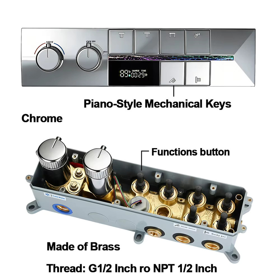 Qlonn Luxus-Duschset mit intelligentem Thermostatmischer, Decken-LED-Musik-Duschkopf und Massage-Düsen in Schwarz, B/B: 550 x 550 mm - Bild 4