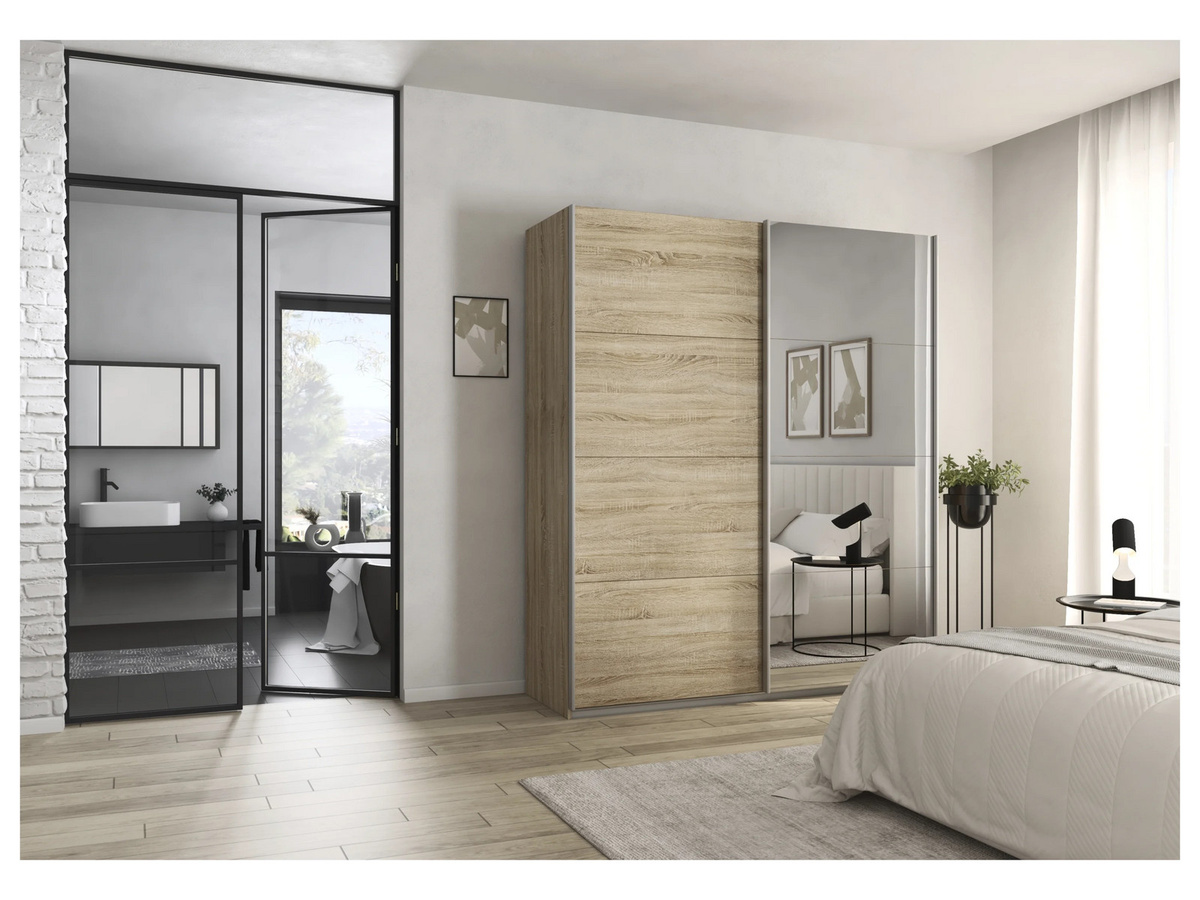 RAUCH Quadra Schwebetürenschrank mit Spiegelelementen und integrierten Schubladen, Farbe: Braun, B/T/H: 181 x 62 x 210 cm - Bild 2