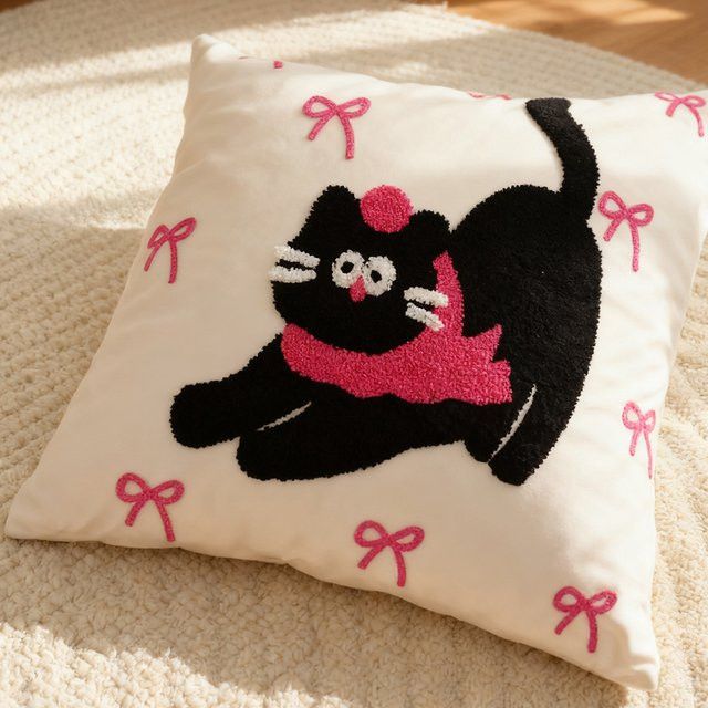 BUYNOW Kissenbezug mit Katze und Rose Stickerei aus Cord in Rosa für Wohnzimmer und Schlafzimmer - Bild 1