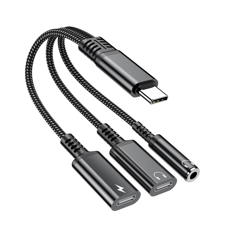 3-in-1 PD 60 W Schnellladeadapter mit USB-C auf Dual USB-C und 3,5 mm Klinke für iPhone 16 15 und Samsung in Schwarz und Rot - Bild 6