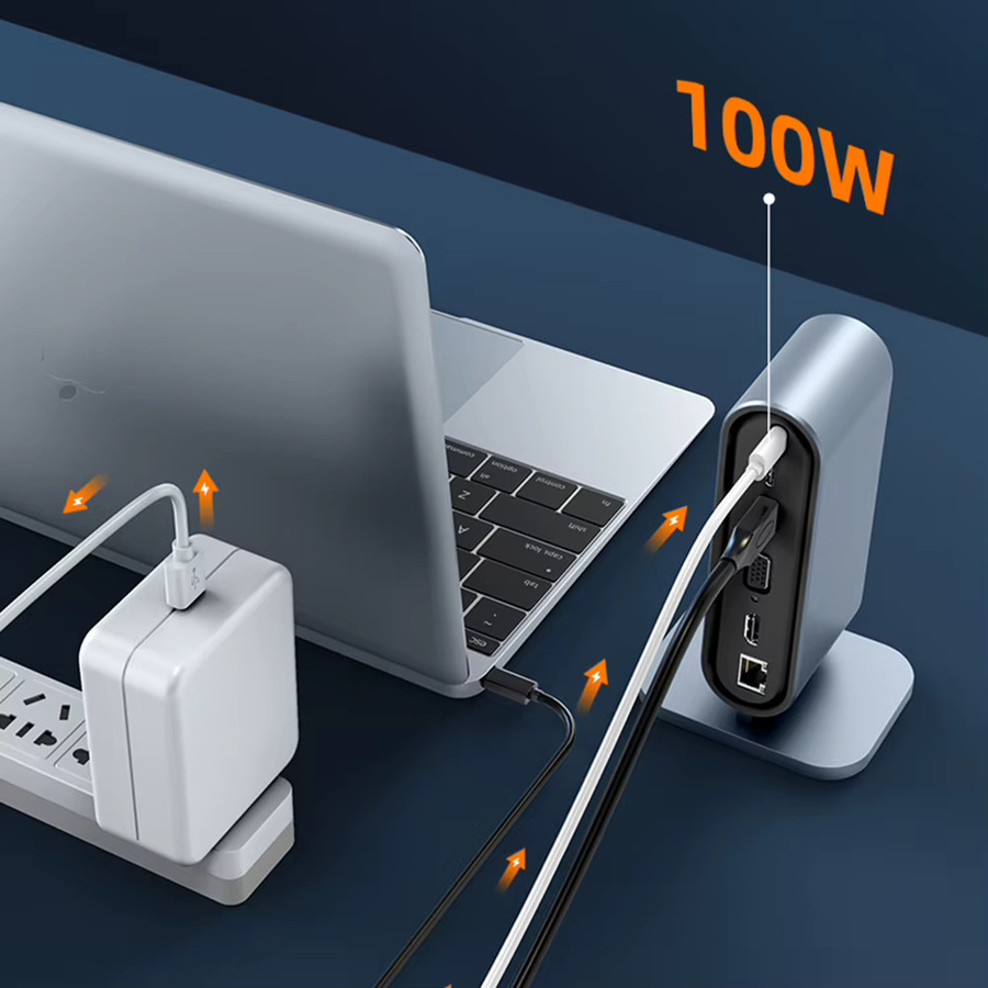 Kebidumei 12-in-1 Vertikale USB-C Dockingstation in Grau mit HDMI 4K, LAN, USB 3.0 und PD 100W für Laptop und MacBook - Bild 2