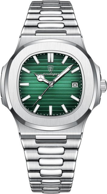 POEDAGAR Armbanduhr, Quarz, Edelstahl, eckig, Silber/Grün, Herren - Bild 1