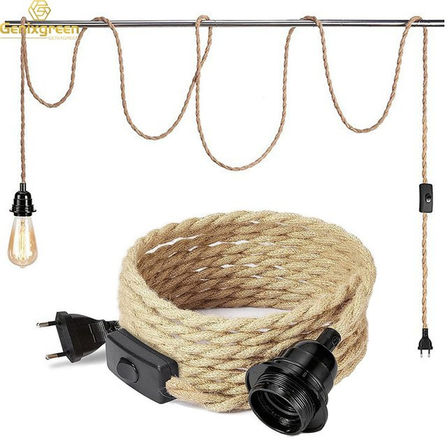 Genixgreen DIY Vintage Lampenkabel mit E27 Kunststoffsockel und Schalter, gedrehtes Seil-Elektrokabel mit 2 Kernen - Bild 1