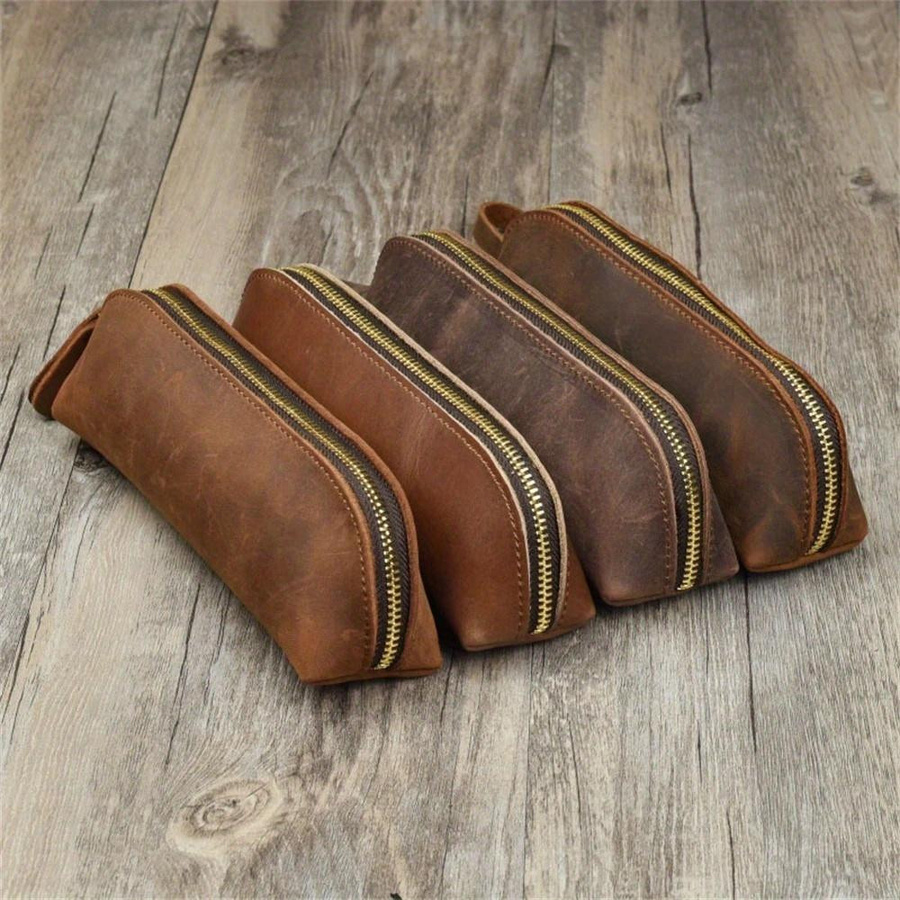 Stiftetui aus Vintage-Leder von Yiran Furniture in Kaffeebraun mit Reißverschluss - Bild 1