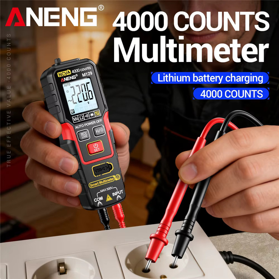 ANENG M129 Digitales Multimeter mit 4000 Anzeigen, 500V AC/DC Spannung, NCV-Funktion, Widerstandsmessgerät mit Taschenlampe und Hintergrundbeleuchtung in Rot und Schwarz - Bild 3
