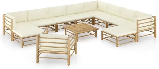 vidaXL 12-teiliges Garten-Lounge-Set aus Bambus mit cremeweißen Kissen - Bild 1