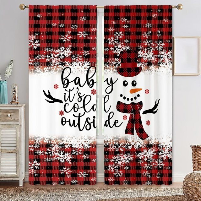 2er-Set Weihnachts Vorhänge mit Schneemann und Plaid-Design in Rot und Schwarz, halbtransparent, B: 50 cm, H: 50 cm - Bild 1