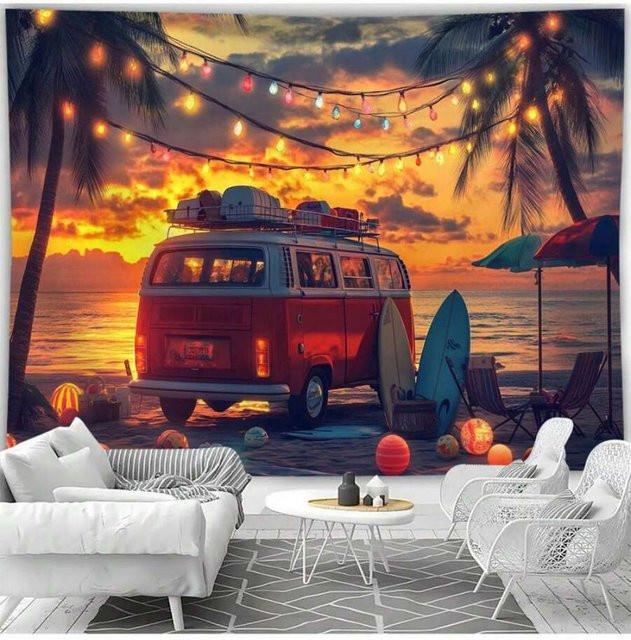 VIKAMA Wandteppich mit Sonnenuntergang am Meer und Naturmotiv, Mehrfarbig, Rechteckig - Bild 1