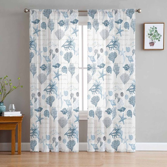Transparente Tüll Vorhänge mit Seesternen und Muscheln im Retro-Design aus Organza, Farbe: Transparent/Blau, Breite: 135 cm, Höhe: 185 cm - Bild 1