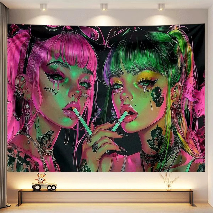 VIKAMA Cyberpunk Neon Wandteppich mit Dual Female Protagonists in Multicolour als moderne Wandkunst für dein Wohnzimmer oder Sofa - Bild 4