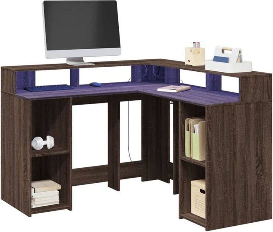 Vidaxl LED Schreibtisch in Braun Eichen-Optik aus Holzwerkstoff, Modern, B: 130 cm, T: 130 cm, H: 91 cm - Bild 1