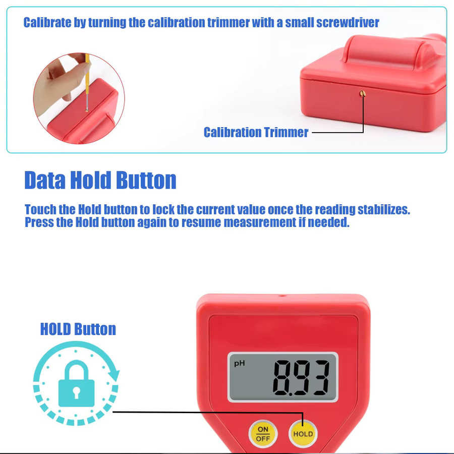 JUANJUAN Digitales PH-Messgerät 98103 in Rot, Stiftförmiger PH-Tester mit hoher Genauigkeit für Trinkwasser, Schwimmbad und Aquarium, Messbereich 0–14 PH - Bild 2