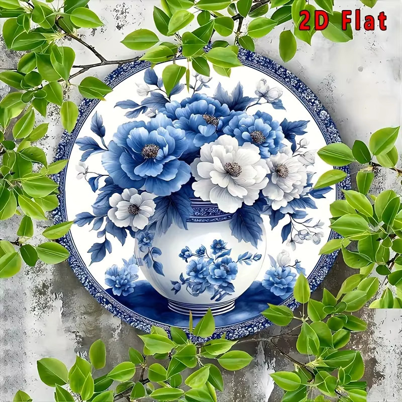 Potdemiel Wanddekoration Porzellan-Thema in Blau und Weiß, runde Metall-Wandplatte mit floralem Design, Durchmesser: 20,32 cm - Bild 6
