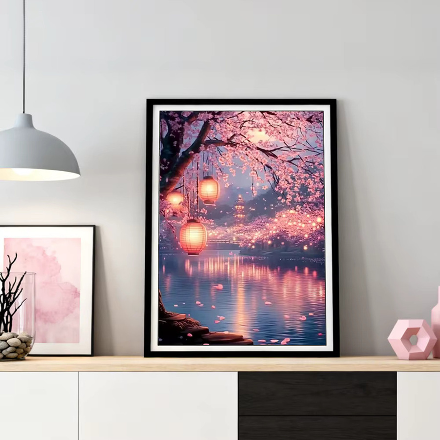 HUACAN Diamant-Gemälde Kirschblüten-Landschaft in Pink, 5D Mosaik-Kunsthandwerk mit runden Strasssteinen - Bild 2
