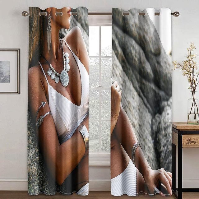 Yiran Furniture 2er-Set halbtransparente Vorhänge mit 3D-Druck Strandlandschaft in Lichtgrau, B: 100 cm, H: 130 cm - Bild 1