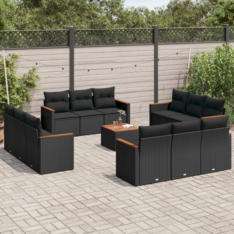 Vidaxl Gartenmöbel-Set aus Polyrattan und Akazie mit Kissen, 13-teilig, Schwarz - Bild 1