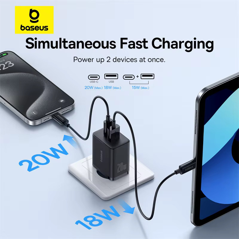 Baseus 20W USB-Ladegerät mit USB-C PD und USB-A Anschluss, Weiß - Bild 2
