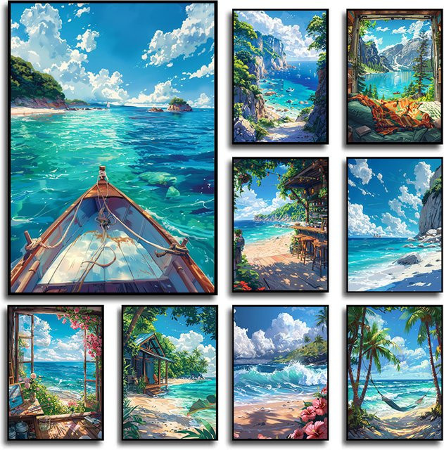 Potdemiel Anime-Ozean-Poster als Leinwanddruck mit Meereslandschaft, Baum und Architektur für deine Wanddekoration - Bild 1