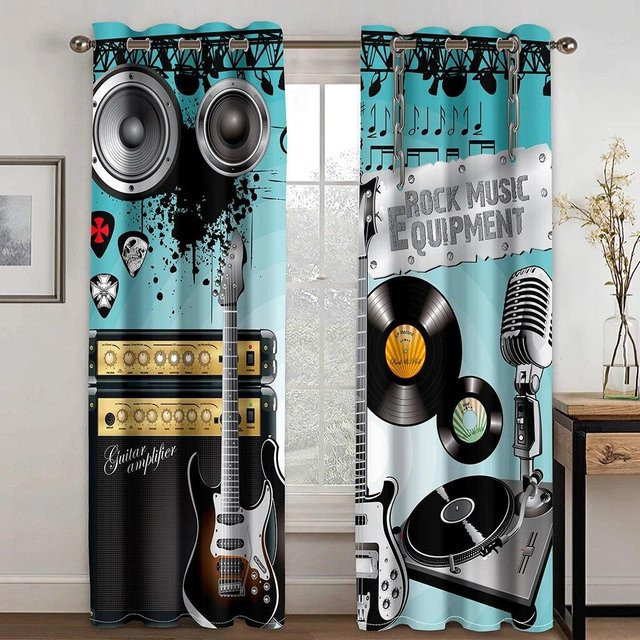 A Family Of Home Textiles Rockmusik-Vorhänge mit Musikinstrument-Motiv, Blau, B: 50 cm, H: 130 cm, 2er-Set - Bild 1