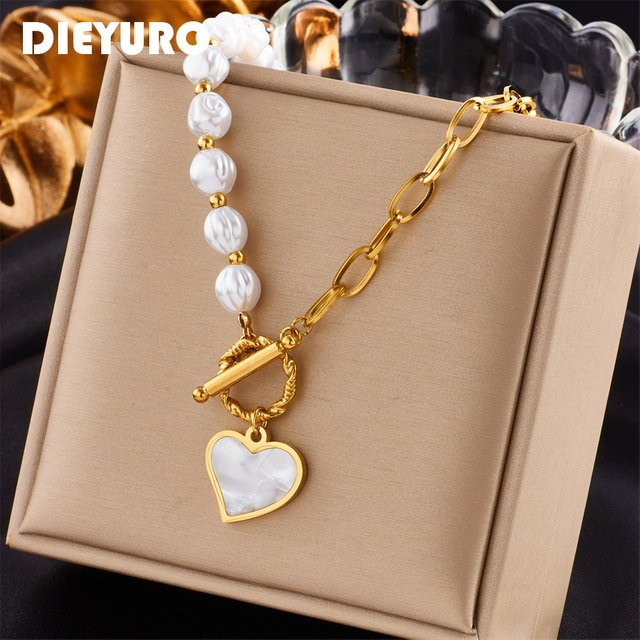 DIEYURO Halskette mit Herz Anhänger und Perle, Edelstahl, Gold, Damen - Bild 1