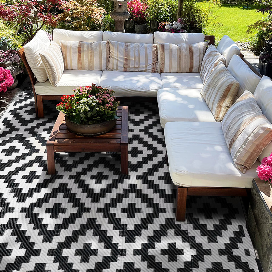 WESTTUNE Outdoor-Teppich in Schwarz, geometrisches Design, wasserdicht und wendbar, ideal für Garten, Terrasse und Camping - Bild 5