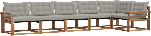 vidaXL Outdoor-Sofagarnitur 6-teilig L-Form aus Akazienholz mit Kissen in Natur und Hellgrau - Bild 1