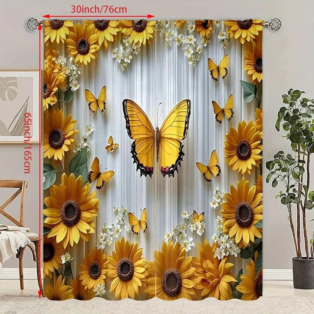 2er-Set Yiran Furniture Vorhänge mit Sonnenblumen- und Schmetterlings-Motiv aus Polyester, Gelb, B: 107 cm, H: 213 cm - Bild 1
