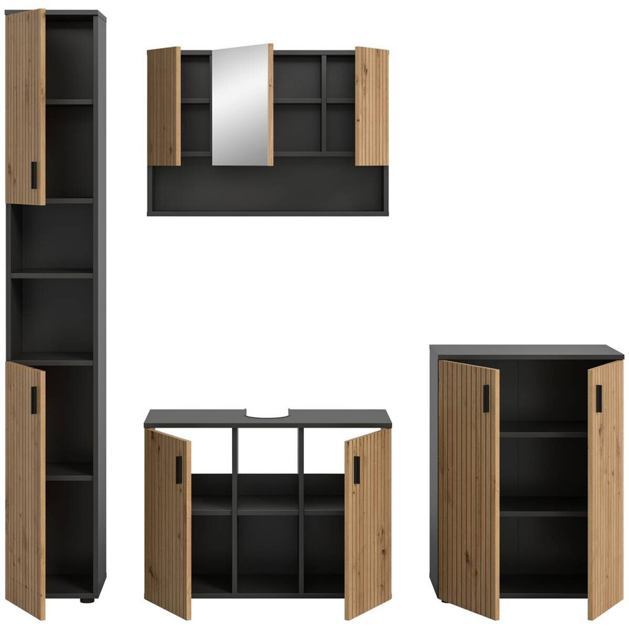 Badezimmer-Set Mone von xonox.home in Basalt Nachbildung und Artisan Oak Nachbildung, bestehend aus Waschtischunterschrank, Spiegelschrank und Wandschrank, B/H/T: 200 x 192 x 30 cm - Bild 3