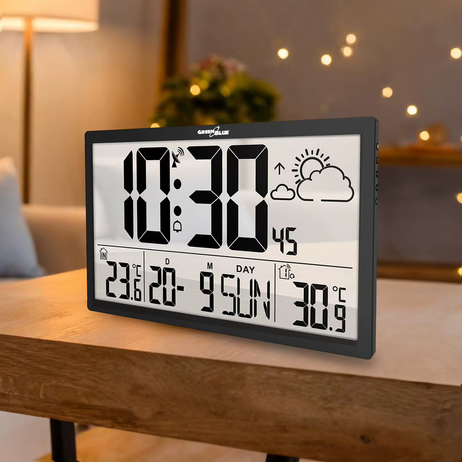 Digitale Wanduhr mit LCD-Wetterstation von MACLEAN in GrünBlau mit Thermometer und Datumsanzeige, B: 370 mm, H: 225 mm - Bild 4