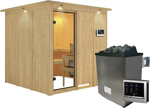 Karibu Sauna Valga aus Fichtenholz in Beige inklusive 9 kW Saunaofen mit externer Steuerung für 4 Personen, B/T/H: 210 x 202 x 210 cm - Bild 1