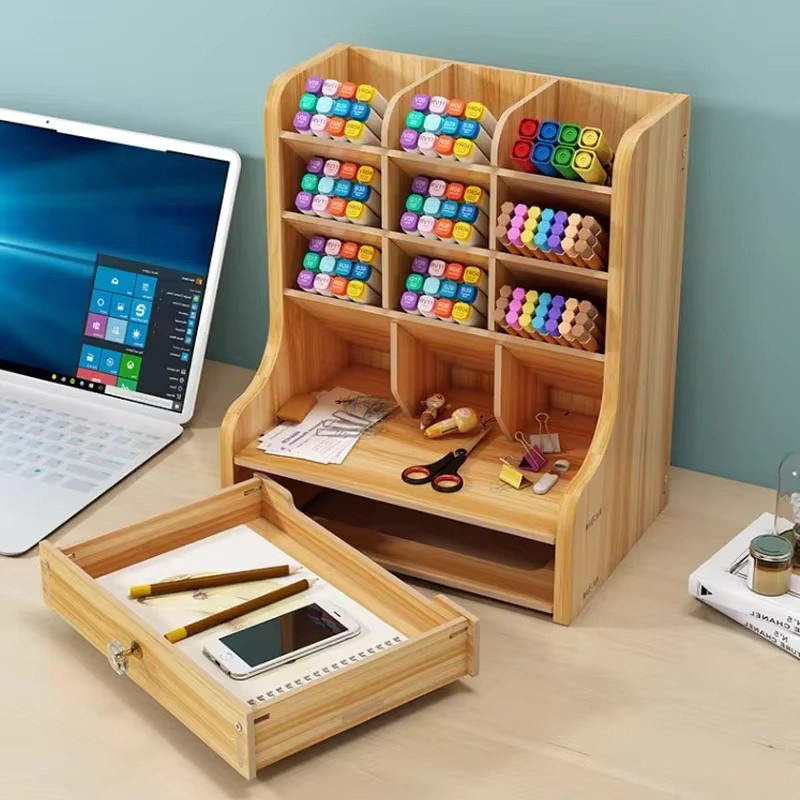 Multifunktionaler Schreibtisch Organizer aus Holz in Braun mit mehreren Fächern für Home Office und Schule - Bild 2