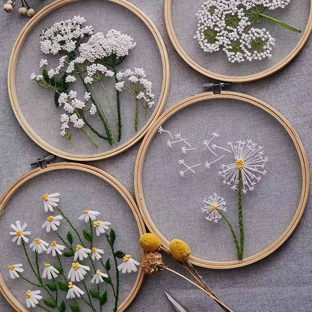 DIY Stickerei Set mit weißen Blumen und Pflanzenmustern als Kreuzstich Starter Kit inklusive Holz-Werkzeugen - Bild 1