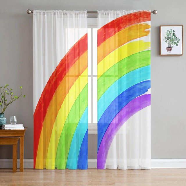 A Family Of Home Textiles Regenbogen Farbverlauf Tüll Vorhang aus Chiffon, Mehrfarbig, Breite: 135 cm, Höhe: 183 cm, 2 Stück - Bild 1