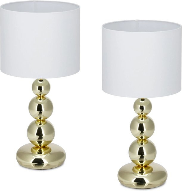 Relaxdays Tischlampen 2er Set aus Metall in Gold und Weiß mit Stoffschirm und Kippschalter, Höhe: 50 cm, Durchmesser: 25 cm - Bild 1