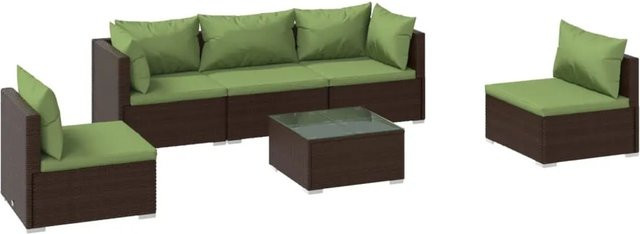 vidaXL 6-tlg Garten-Lounge-Set aus Poly-Rattan in Braun mit Kissen und Couchtisch aus pulverbeschichtetem Stahl und gehärtetem Glas - Bild 1